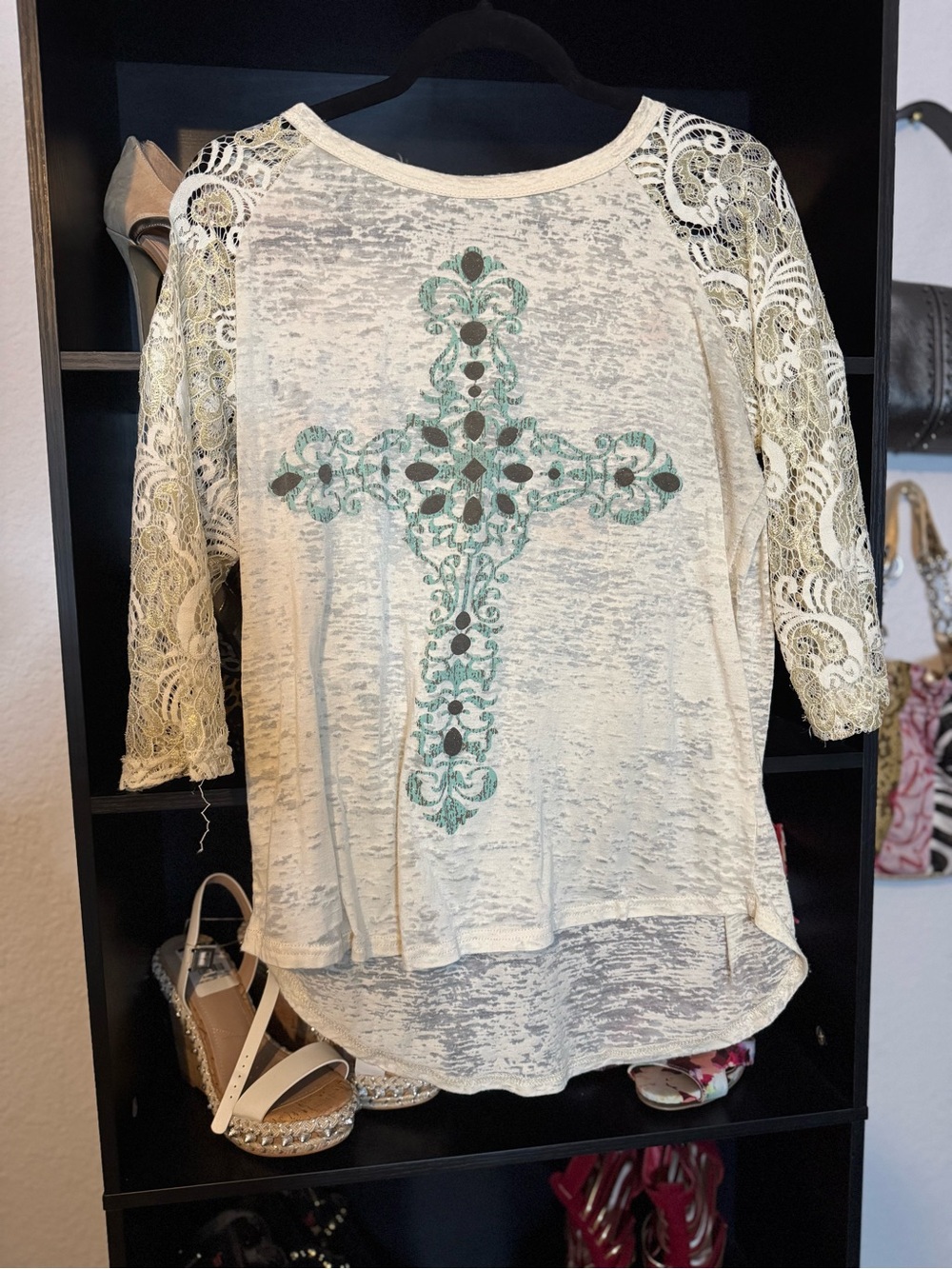 Southern Grace Cream Lace Sleeve Top with Mint Cross